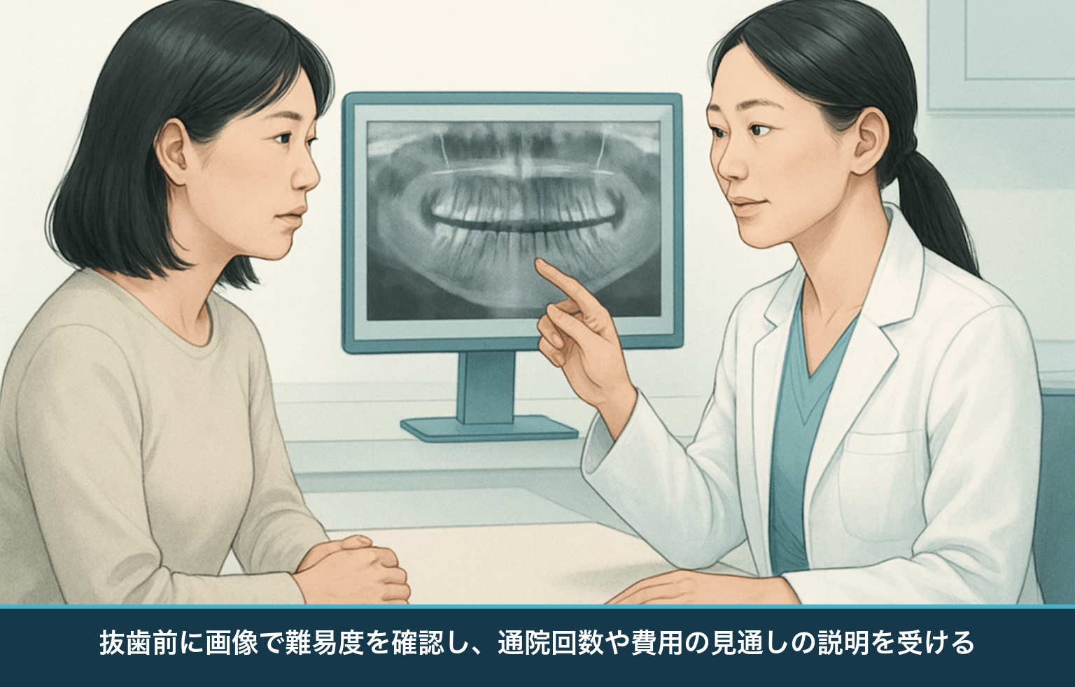 歯科医院で歯科医師がレントゲン画像を見せながら、親知らずの抜歯の難易度と費用の見通しを患者に説明している図