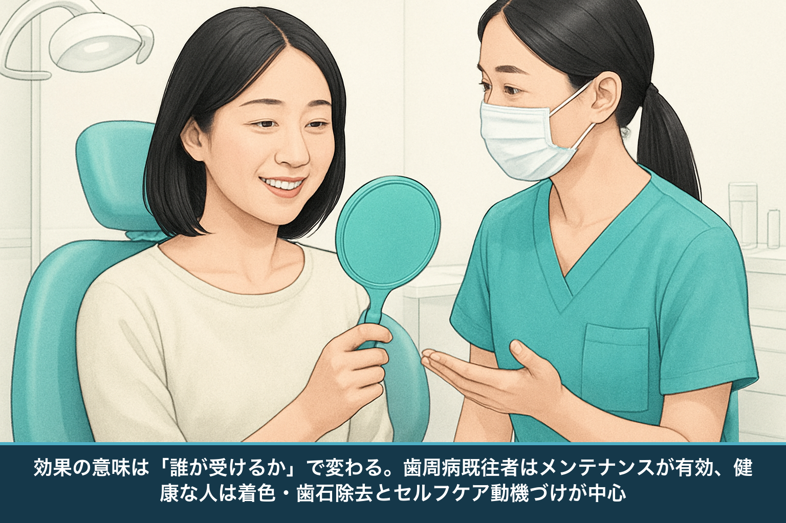 歯のクリーニング後に手鏡で歯を確認し満足する患者と説明する歯科スタッフの図