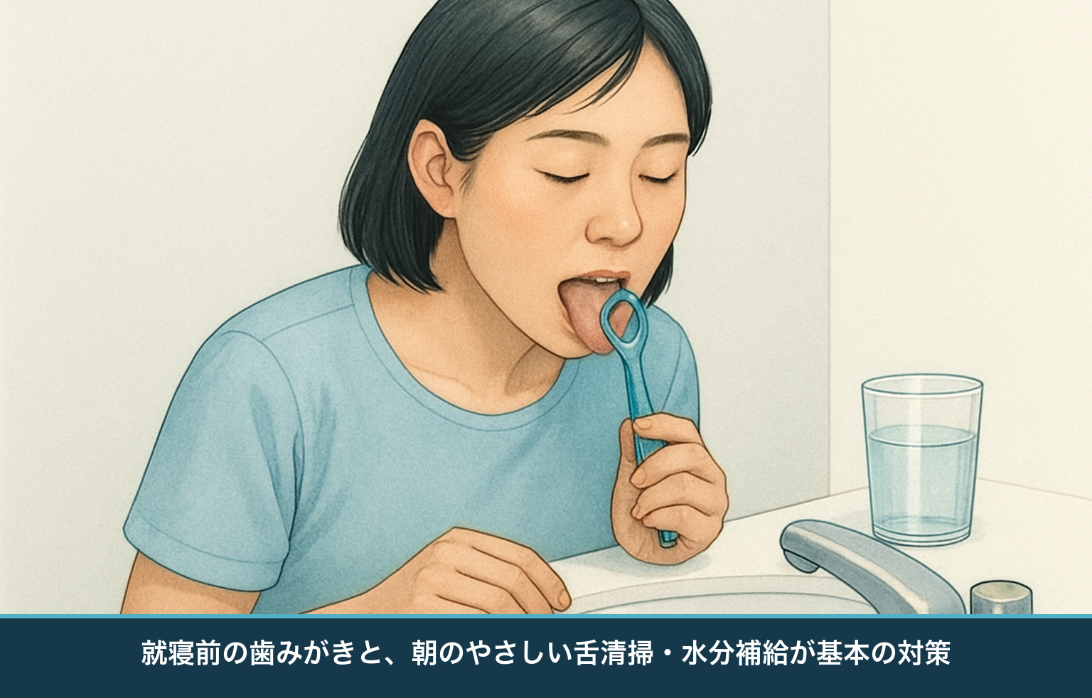 朝の口臭対策の図。就寝前にていねいに歯をみがき、朝は舌をやさしく清掃して水やお茶で口をすすぎ水分をとる様子