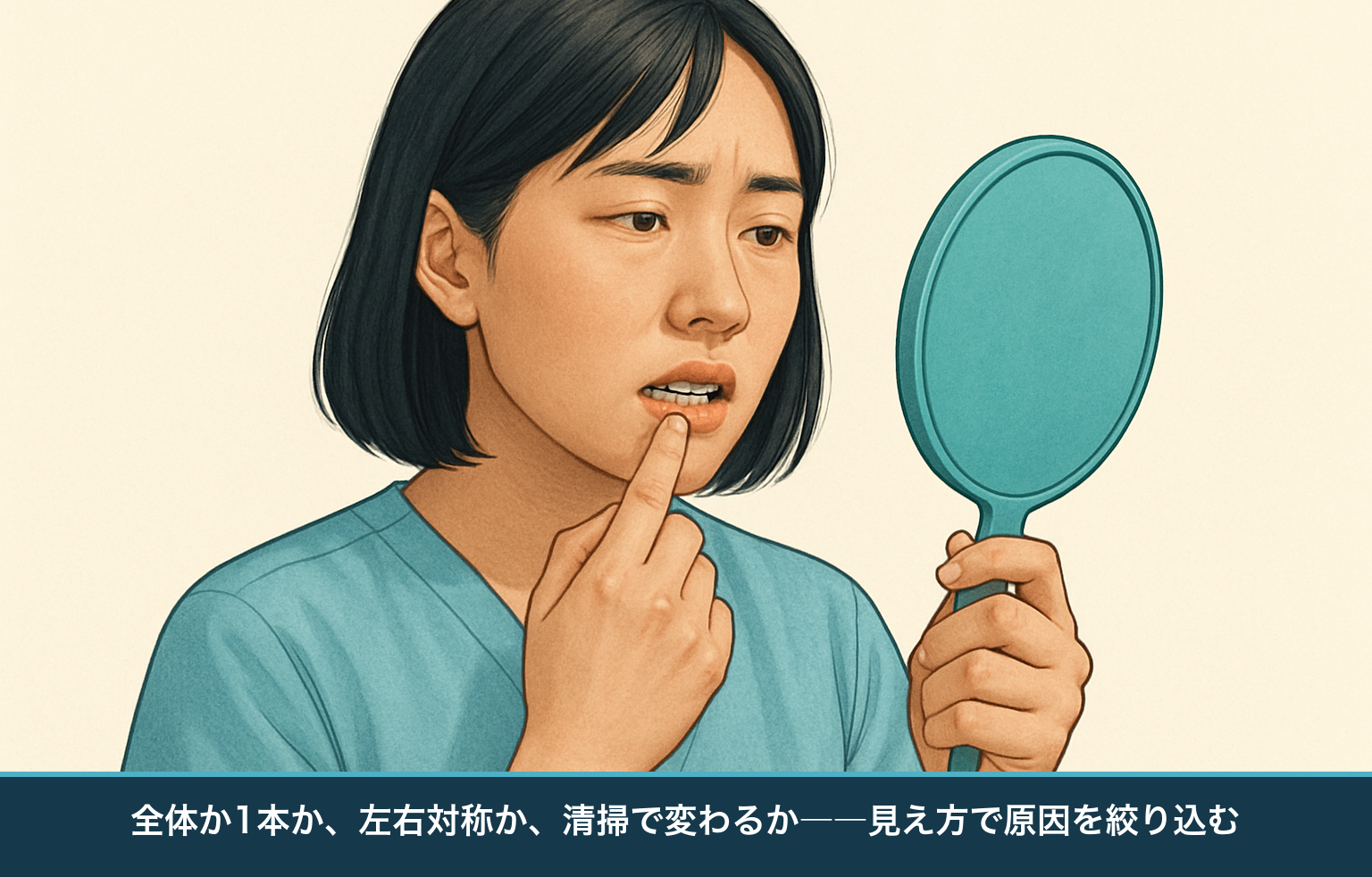 鏡で自分の歯の色を確認する人の図。歯の黄ばみや変色の見え方から原因を見分ける様子