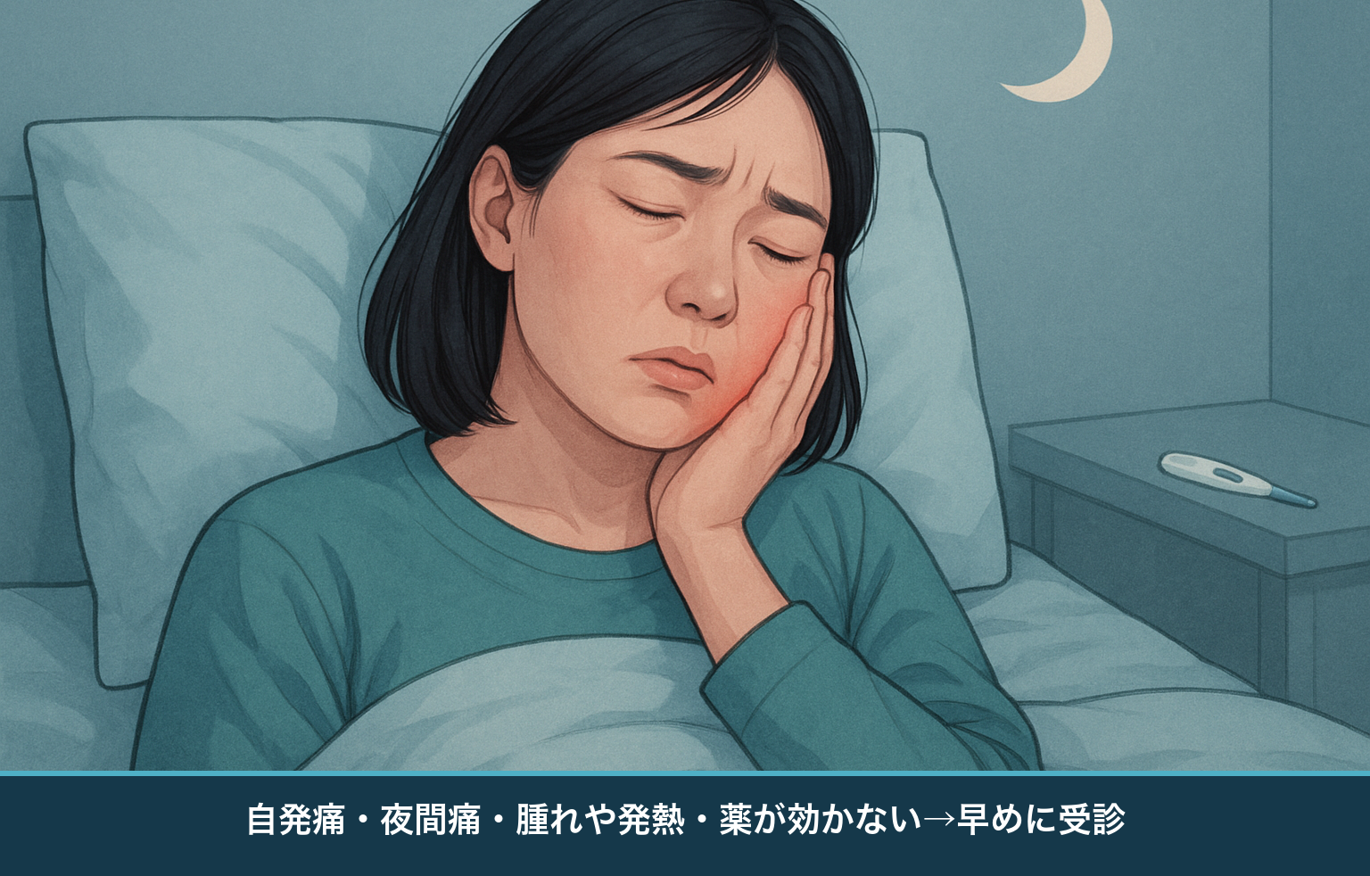 歯科を早めに受診すべきサイン（自発痛・夜間痛・腫れや発熱・痛み止めが効かない）を示す図