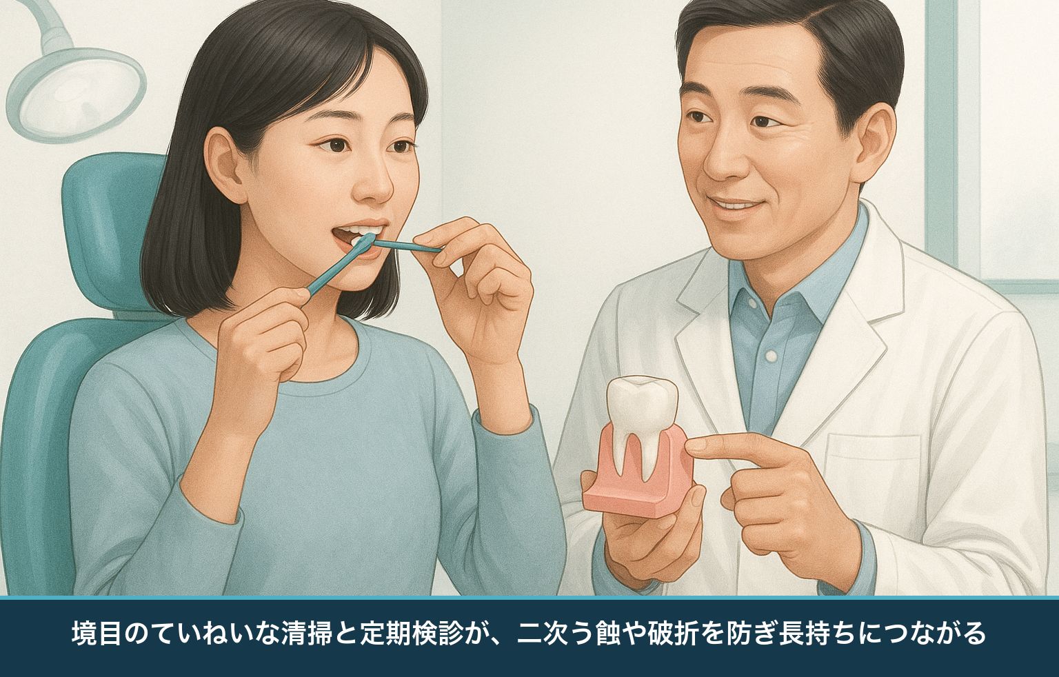 詰め物・被せ物を長持ちさせるケアの図。境目をフロスや歯ブラシでていねいに清掃し、歯科で定期検診を受ける日本人の患者と歯科医師