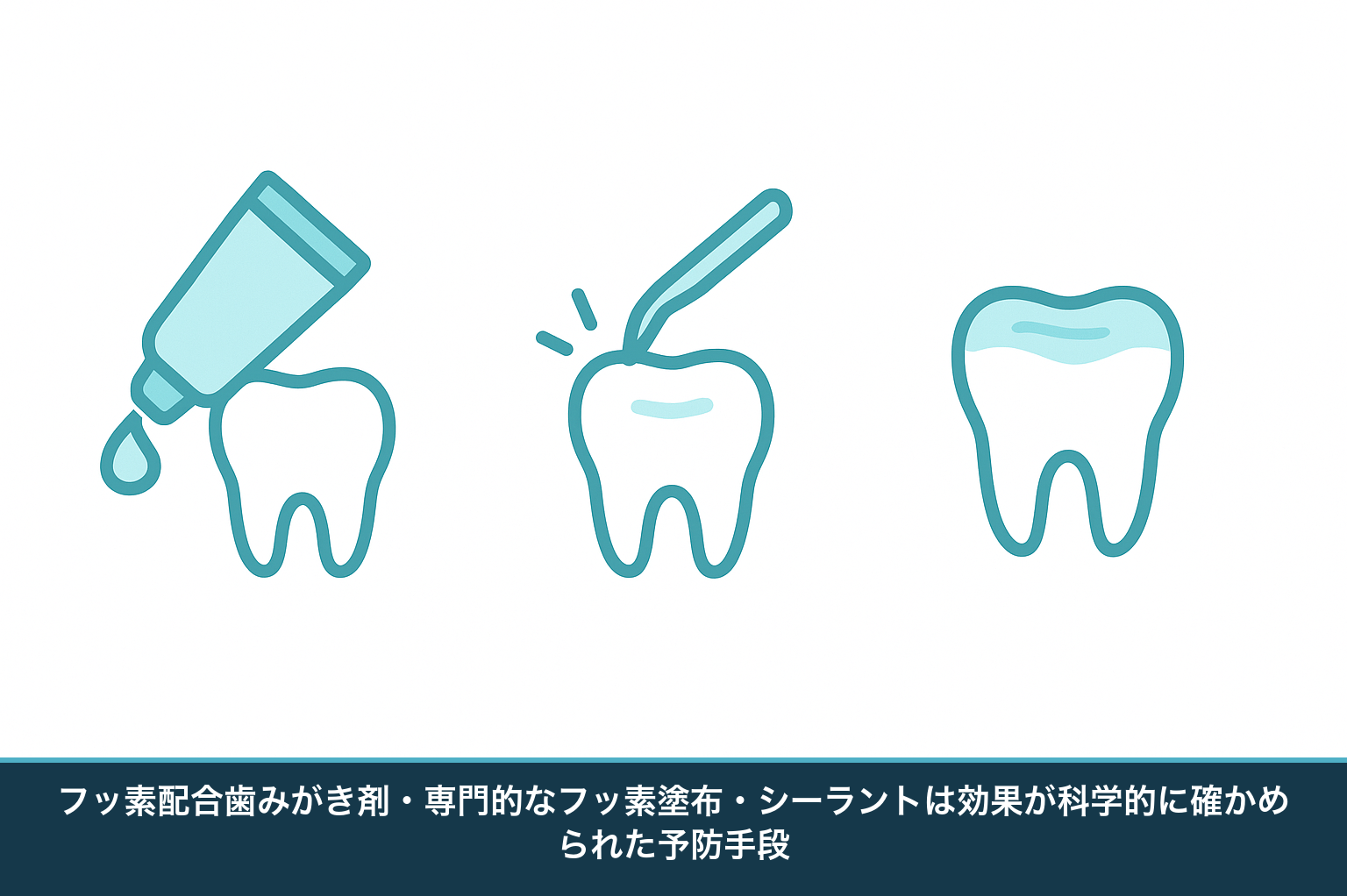 むし歯予防に役立つ手段の図。フッ素配合歯みがき剤、歯科医院での専門的なフッ素塗布、奥歯の溝を埋めるシーラントの3つを並べて示す