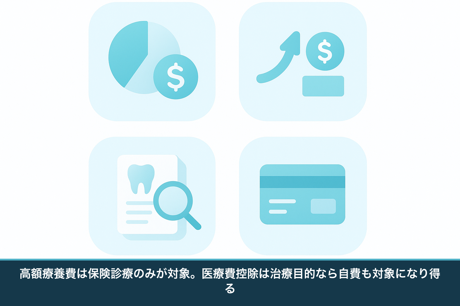 費用に関わるお金の制度を整理した図。自己負担割合・高額療養費・医療費控除・デンタルローンの4つを示し、高額療養費は保険のみ対象であることを表す