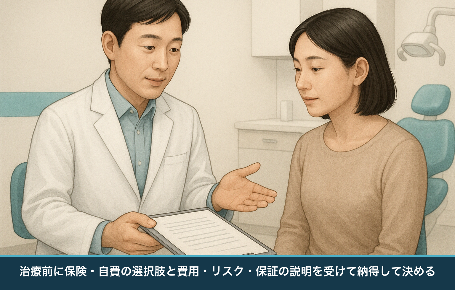 歯科医師が患者に保険と自費の選択肢や費用・リスク・保証を説明し、患者が納得して治療を選ぶ様子