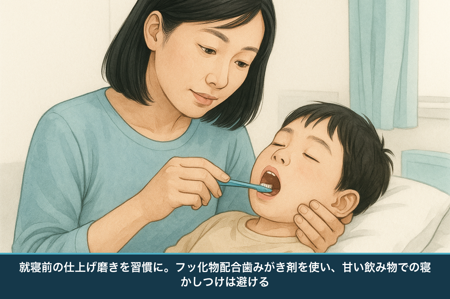 日本人の保護者が子どもに仕上げ磨きをする家庭でのケアの図。就寝前の歯みがき習慣とフッ化物の活用を示す