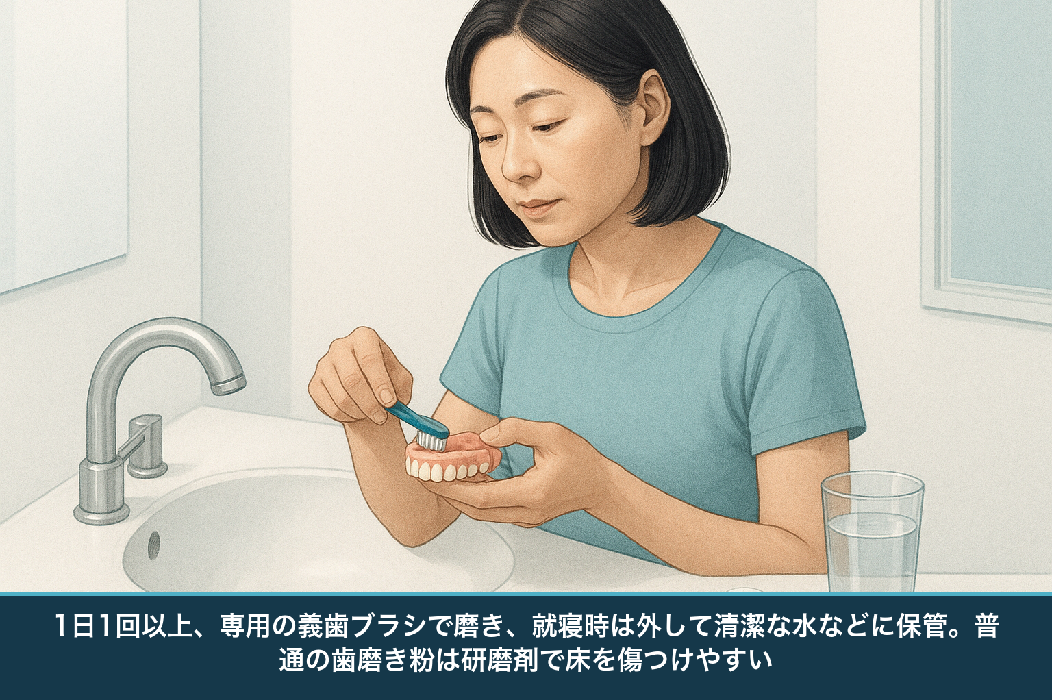 入れ歯を外して専用の義歯ブラシで磨き、就寝時は外して清潔な水に保管する毎日の手入れの様子を示した図