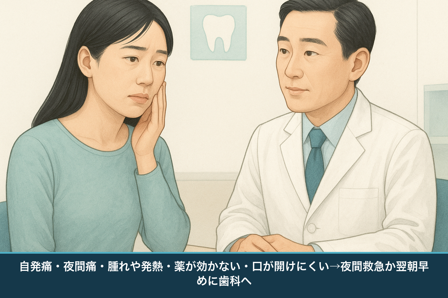 夜の歯痛で受診を検討すべきサインを示す図。日本人の患者が歯科で頬を押さえながら歯科医師に相談している様子