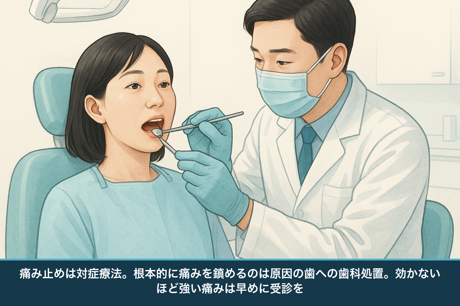 痛み止めが効かないほど強い歯の痛みは歯科を受診し、原因への処置を受けることを示す図。日本人の患者と歯科医師