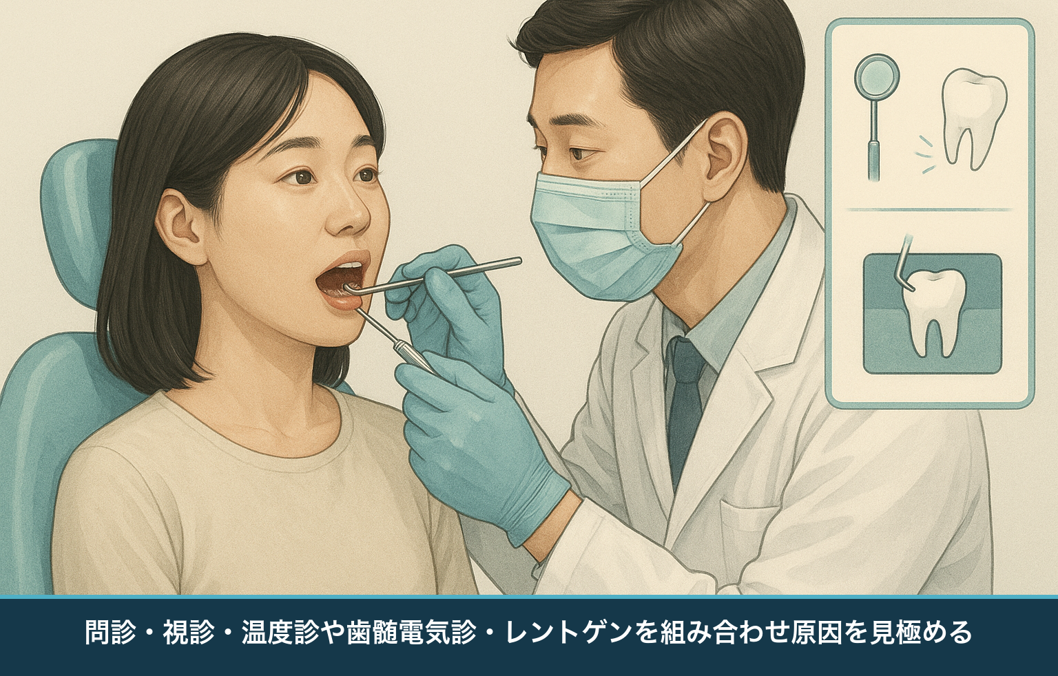 歯科医院で甘味痛の原因を調べる検査（問診・視診・温度診や歯髄電気診・レントゲン）を組み合わせる様子を示す図