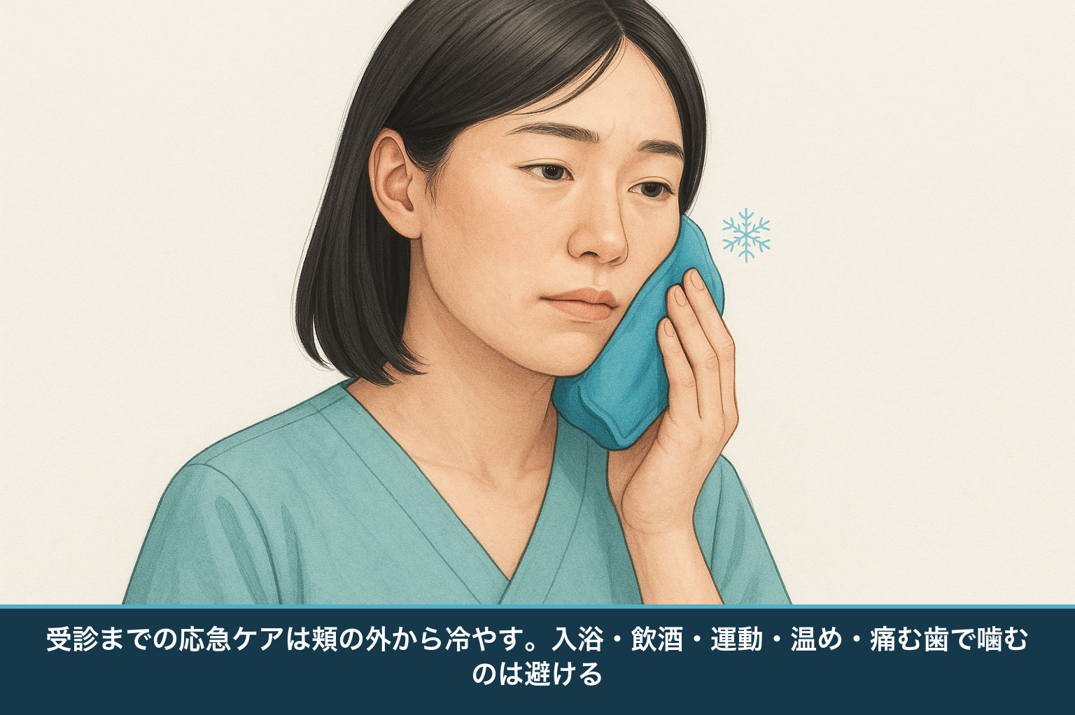 受診までのあいだにできる応急ケアの図。頬の外側から冷やすとよく、入浴・飲酒・激しい運動・温めは避ける