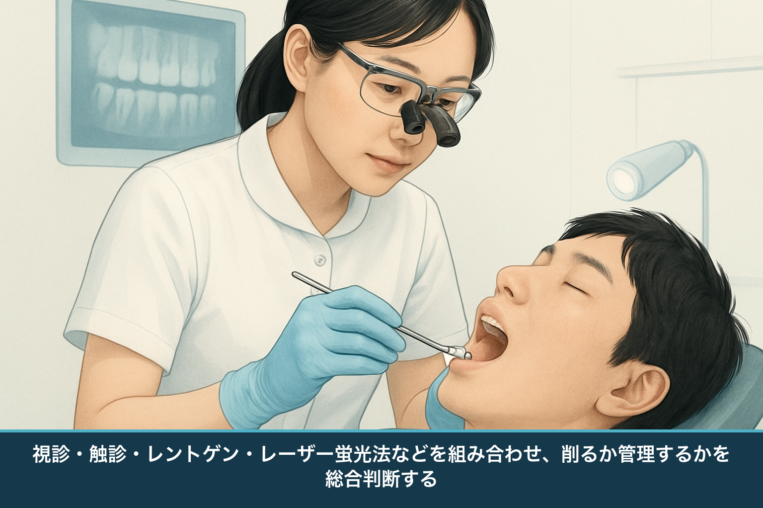 歯科医が視診・触診・レントゲン・レーザー蛍光法などを組み合わせ、削るか様子を見るかを見極める様子の図