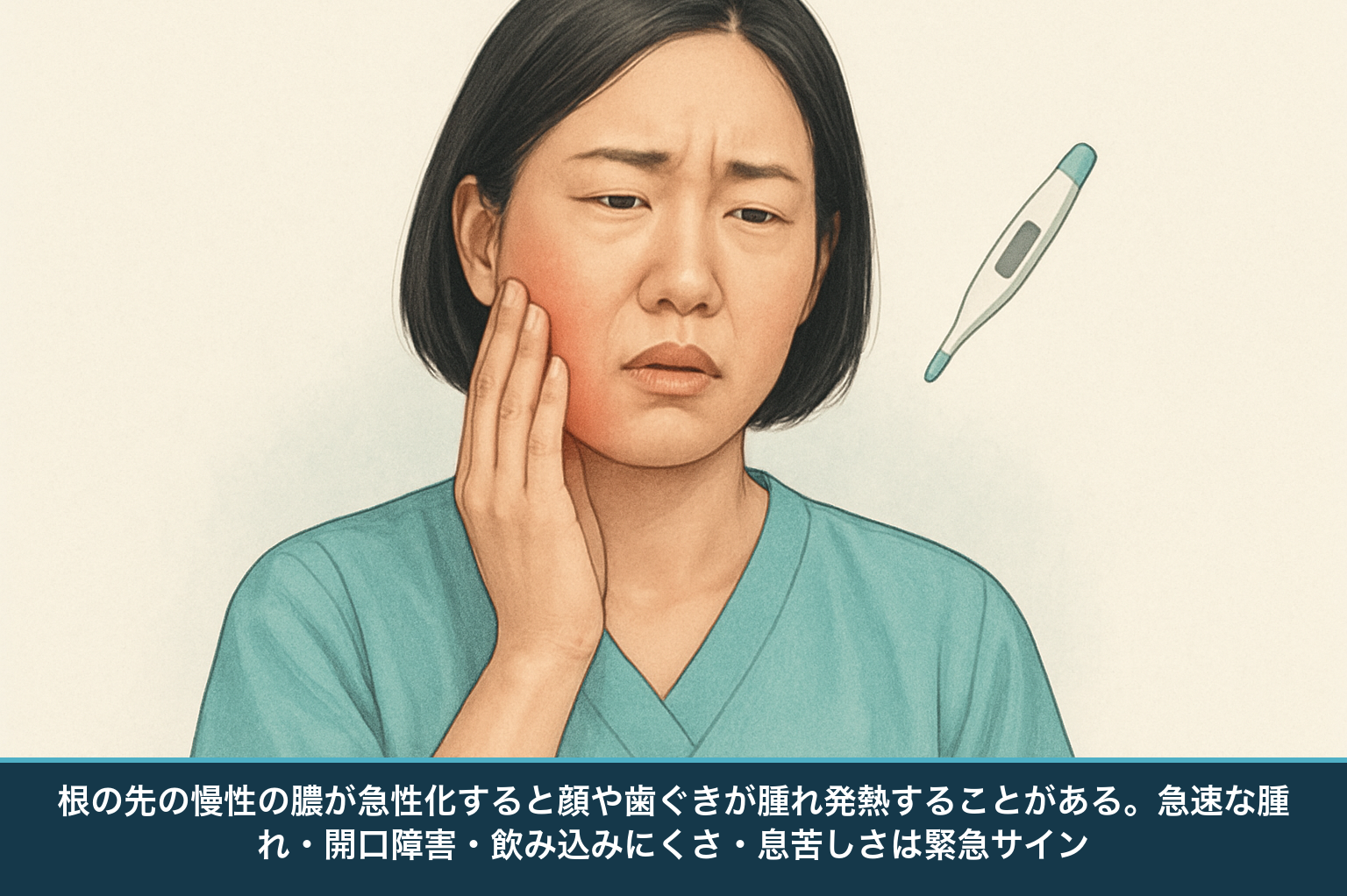 放置した歯の感染が急性化し、顔や歯ぐきが腫れ発熱している日本人の図。急速な腫れや開口障害、飲み込みにくさは緊急性が高いことを示す