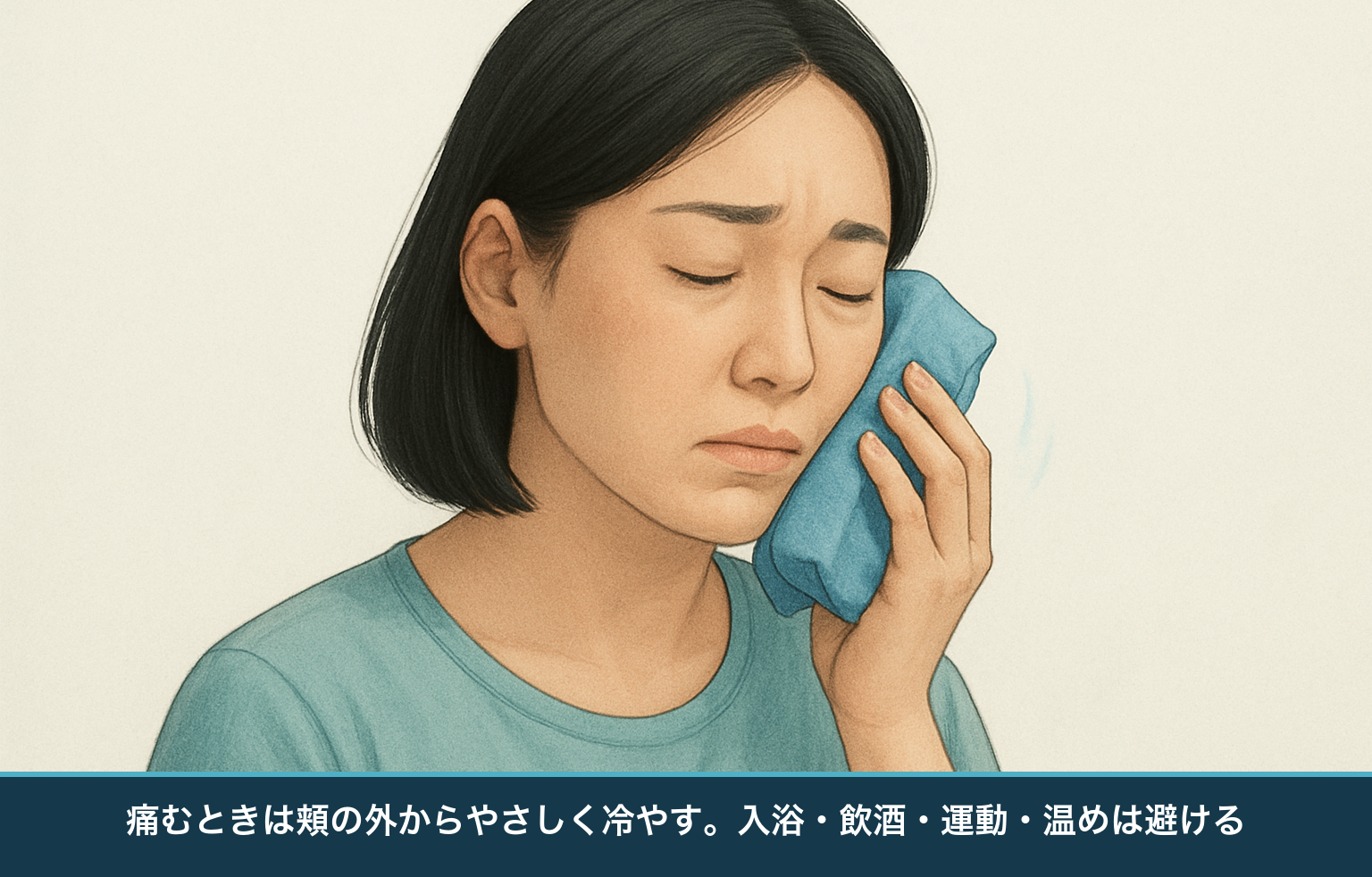 受診前の応急ケアの図。頬の外から冷やすとよく、入浴・飲酒・運動・温めは避ける