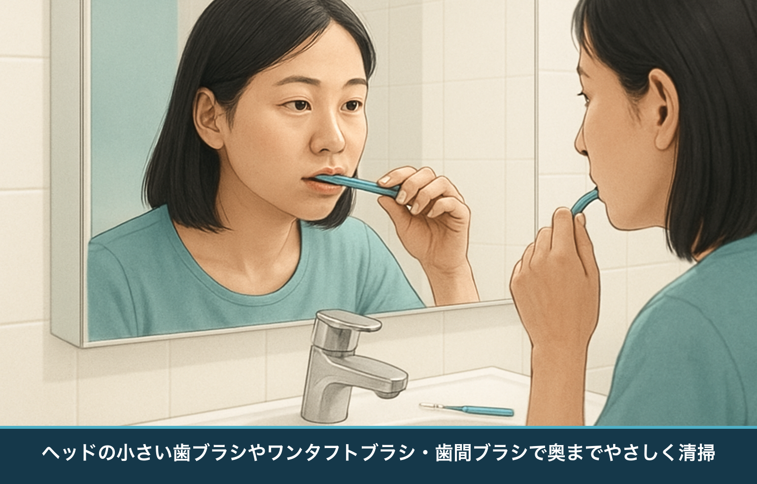 親知らずのにおいへの応急的なセルフケアの図。ヘッドの小さい歯ブラシやワンタフトブラシ・歯間ブラシで奥までやさしく磨く様子
