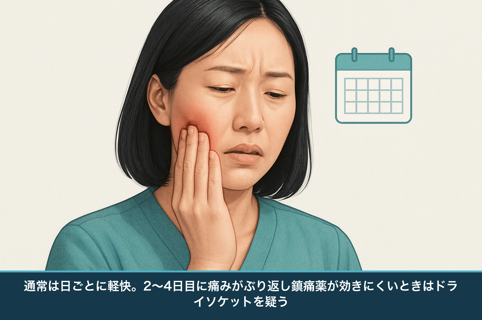 正常な術後痛とドライソケットの見分け方を示す図。通常の痛みは日ごとに軽くなるが、2〜4日目に痛みがぶり返して強くなる場合はドライソケットを疑う