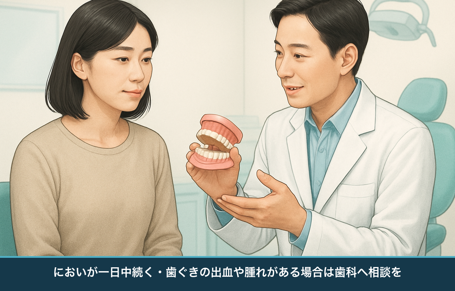受診の目安を示す図。ケアをしてもにおいが一日中続く、歯ぐきの腫れ・出血、口の乾きが強く続く場合は歯科に相談する様子