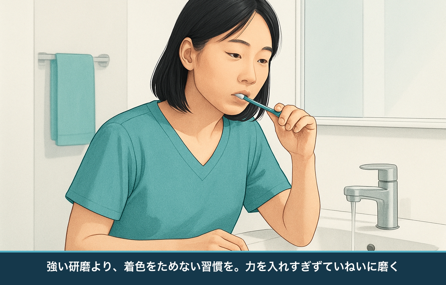 黄ばみ対策として、力を入れすぎずていねいに歯を磨く人の図。着色をためない毎日のケアを示す